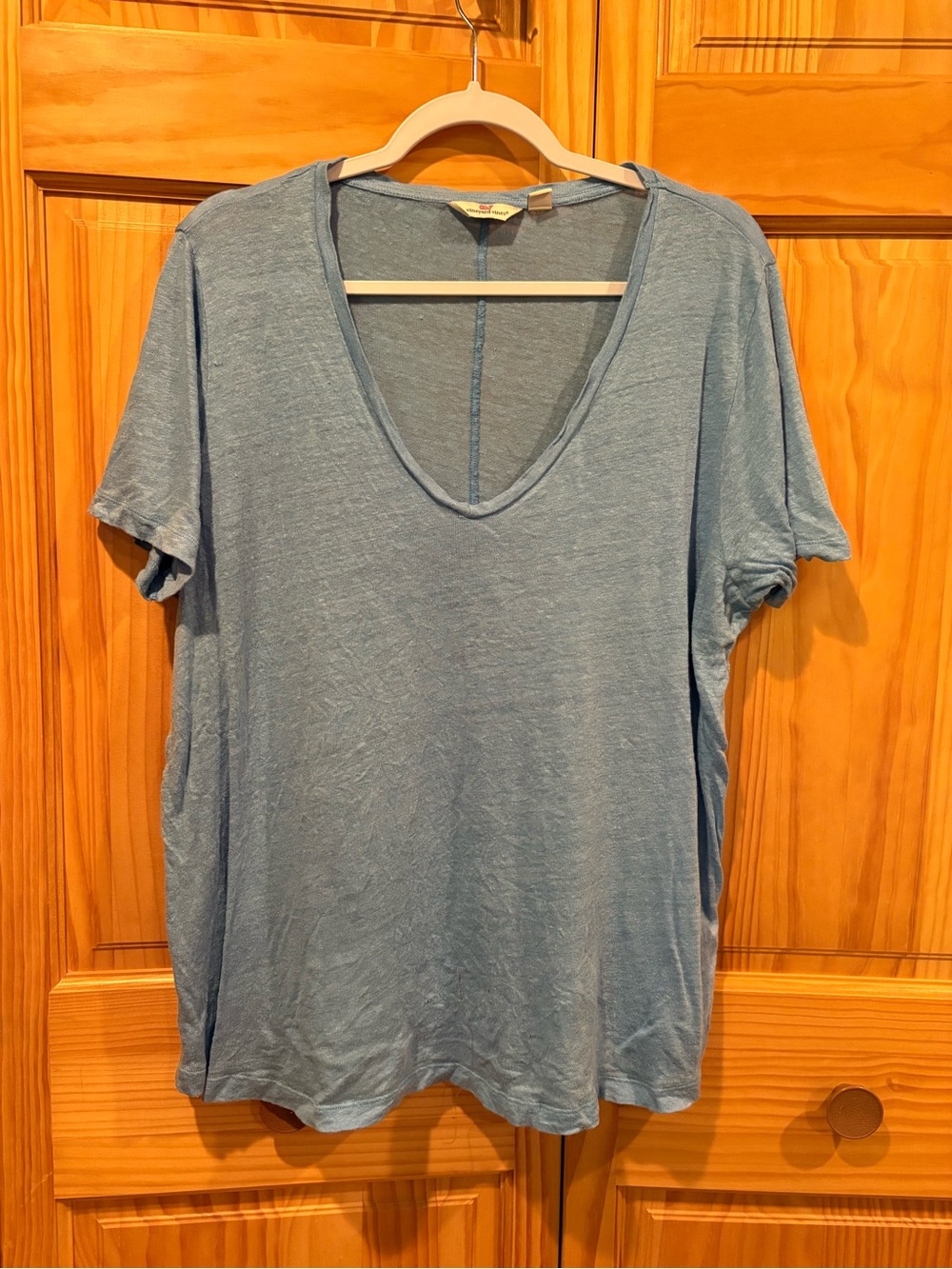 Vineyard vines women's deep V-neck 100% linen t-shirt denim blue size L